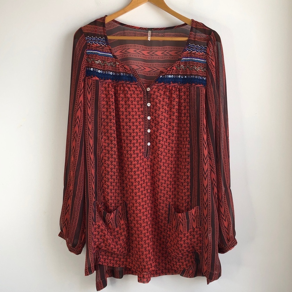 Free People Boho Red Patterned Peasant Tunic Top